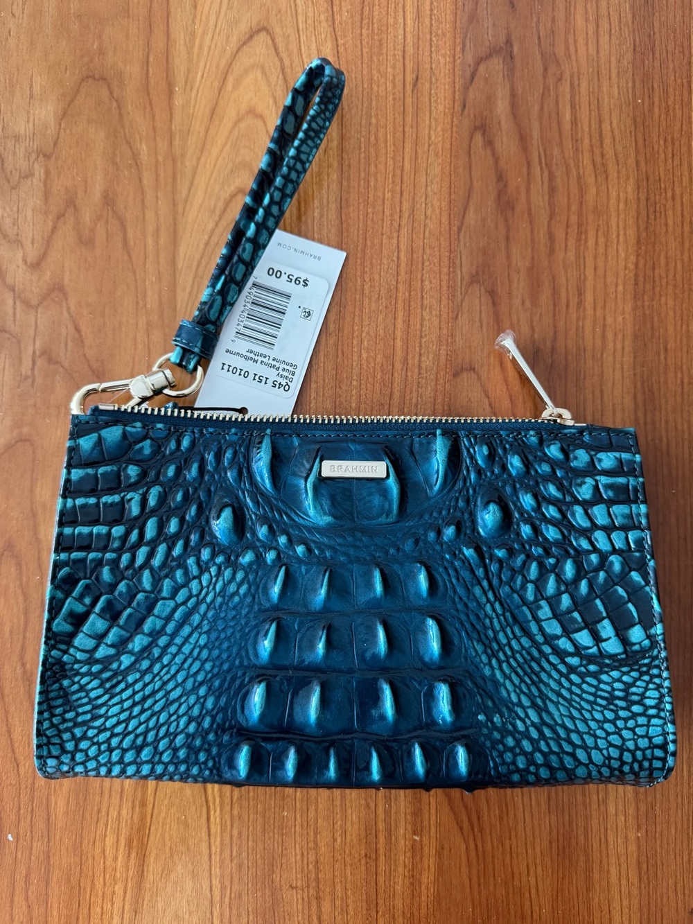Brahmin Teal Croc-Embossed Leather Wristlet with Wrist Strap